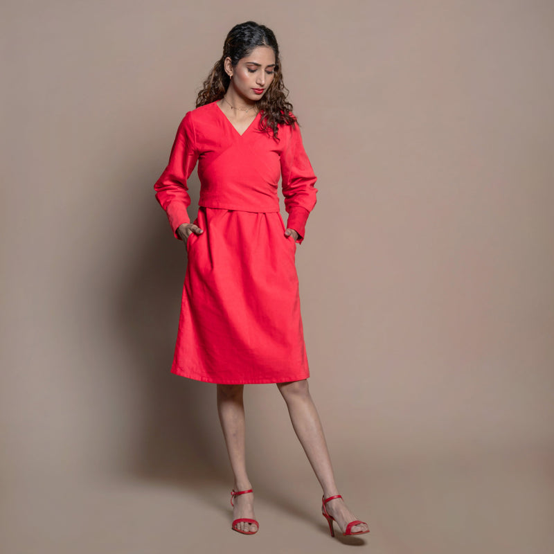 Front View of a Model wearing Red Cotton Velvet A-Line Wrap Dress