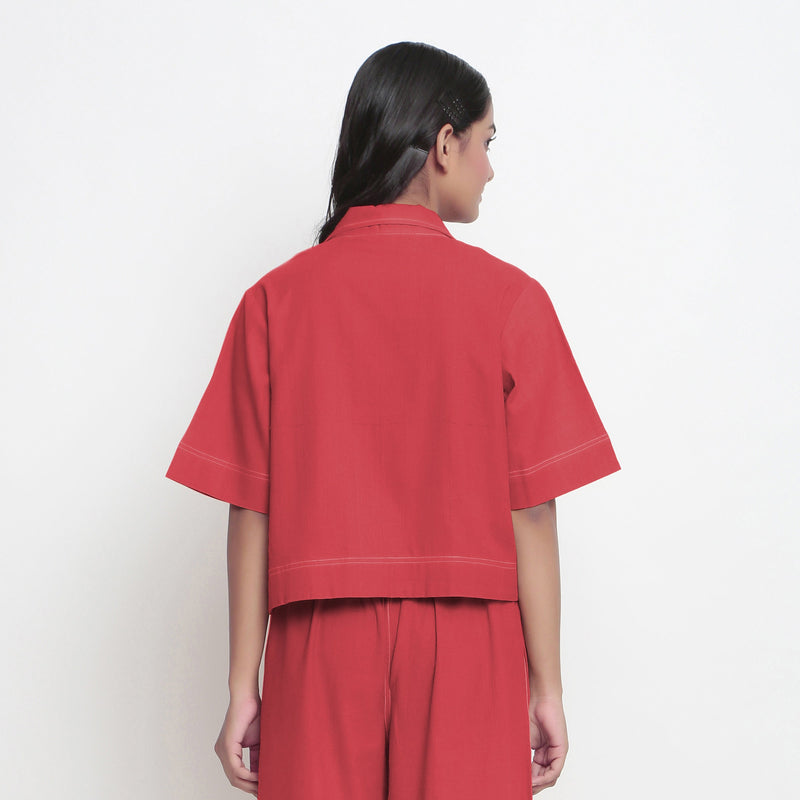 Back View of a Model wearing Red Vegetable Dyed Handspun Cotton Shirt