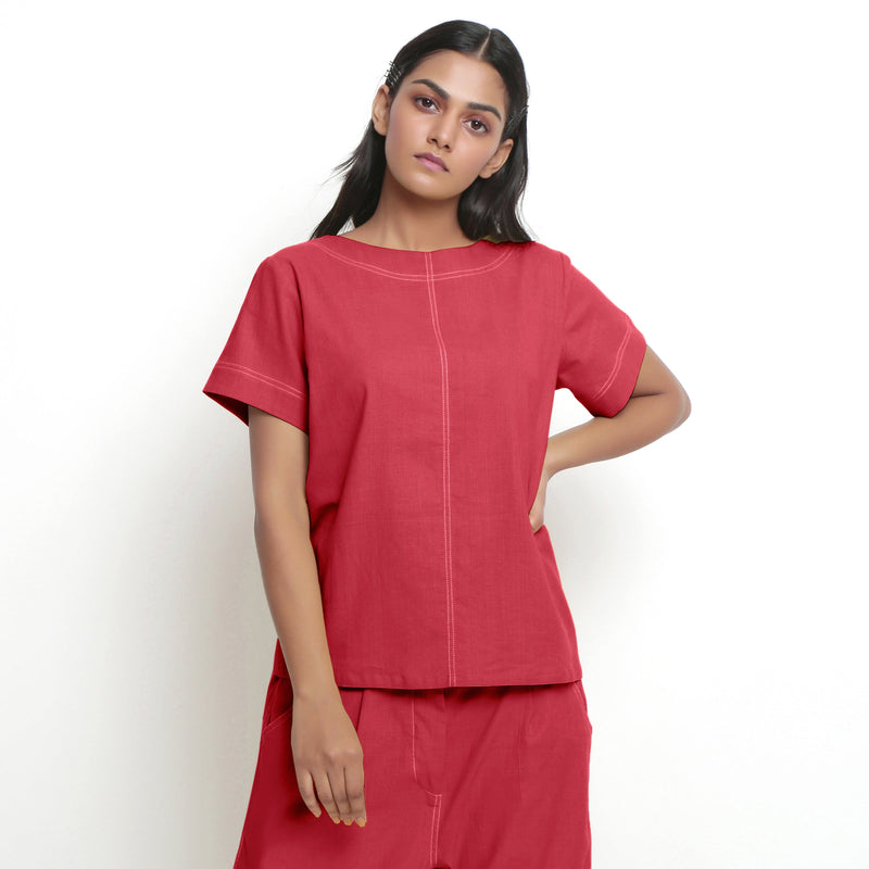 Front View of a Model wearing Red Vegetable-Dyed 100% Cotton Paneled Top