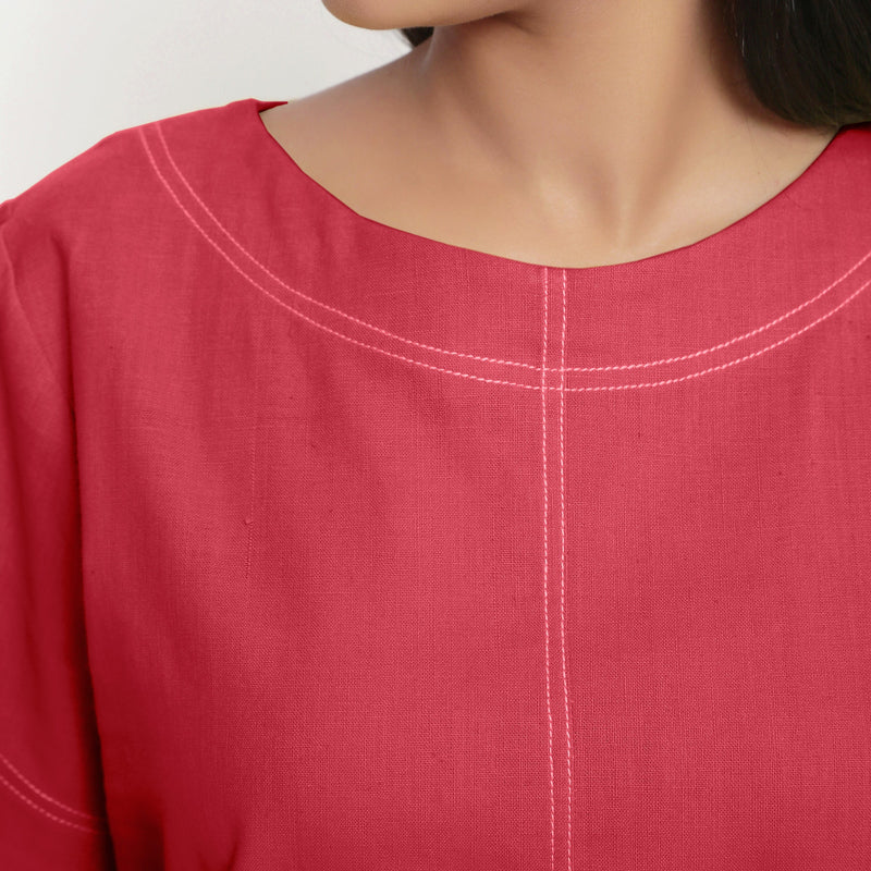 Front Detail of a Model wearing Red Vegetable-Dyed 100% Cotton Paneled Top