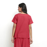 Back View of a Model wearing Red Vegetable-Dyed 100% Cotton Paneled Top