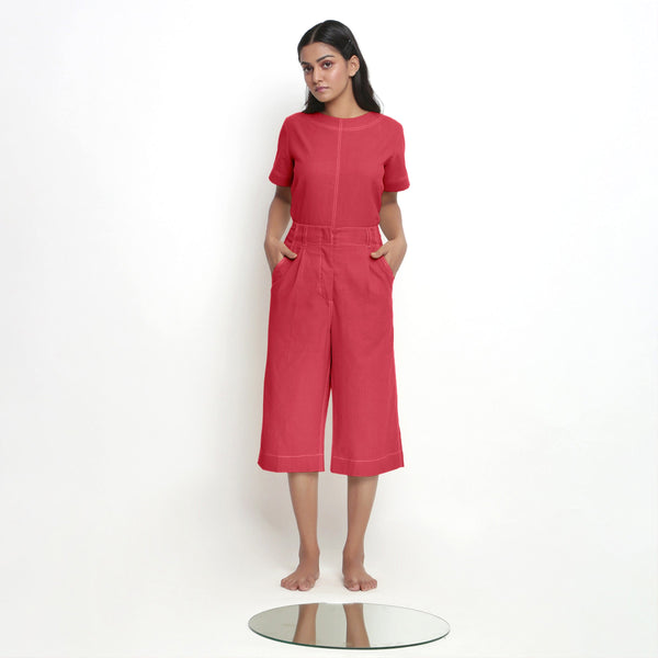 Front View of a Model wearing Red Paneled Top and Mid-Rise Culottes Set