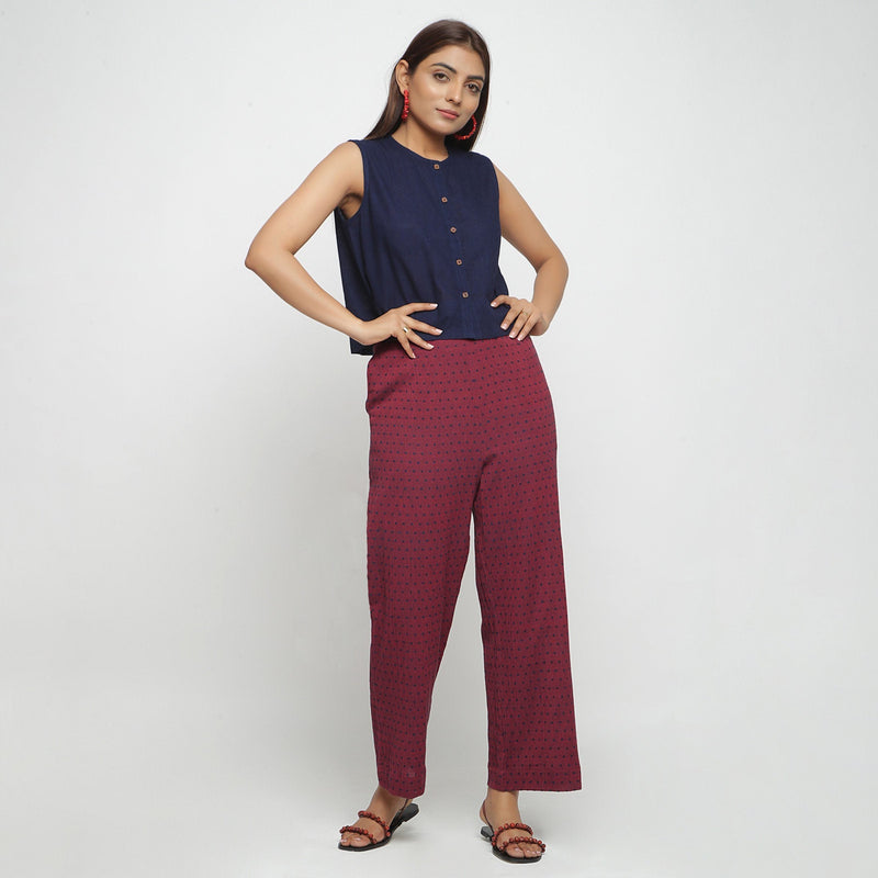 Front View of a Model wearing Red Polka Dots Straight Cotton Pant