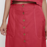 Front Detail of a Model wearing Brick Red Vegetable Dyed Button-Down Skirt