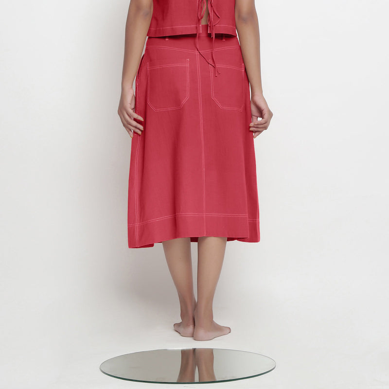 Back View of a Model wearing Brick Red Vegetable Dyed Button-Down Skirt