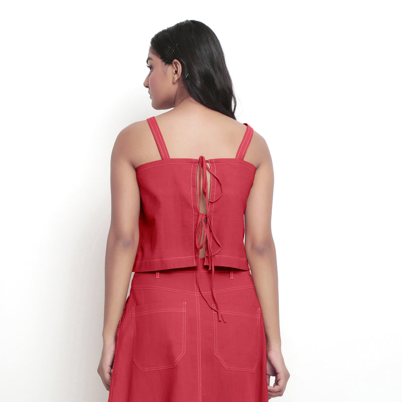 Back View of a Model wearing Vegetable-Dyed Red 100% Cotton Spaghetti Top