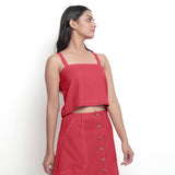 Front View of a Model wearing Vegetable-Dyed Red 100% Cotton Spaghetti Top