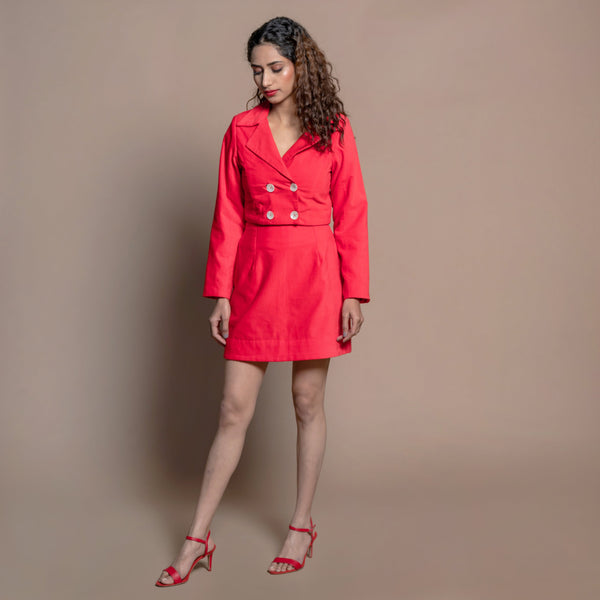 Front View of a Model wearing Red Velvet Mini Skirt and Crop Blazer Set