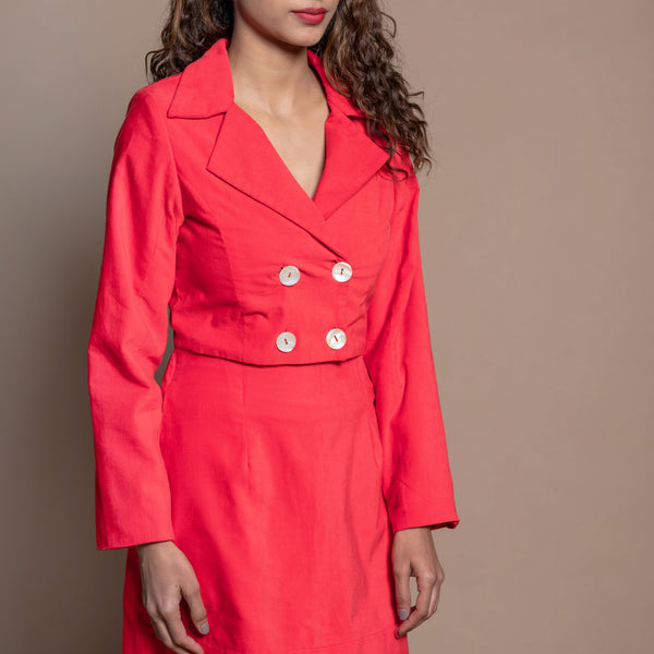 Front Detail of a Model wearing Red Velvet Mini Skirt and Crop Blazer Set