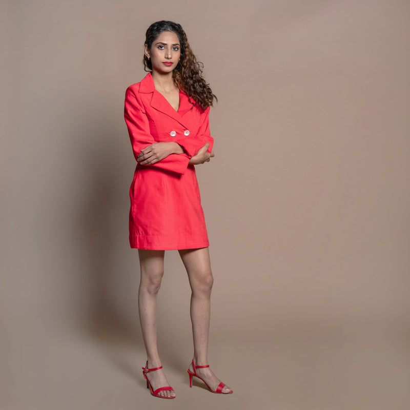 Front View of a Model wearing Red Cotton Velvet Double-Breasted Jacket