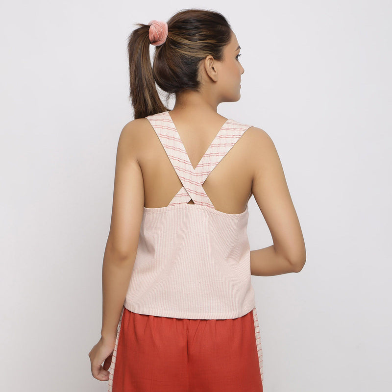 Back View of a Model wearing Vegetable Dyed Pink Deep Neck Top