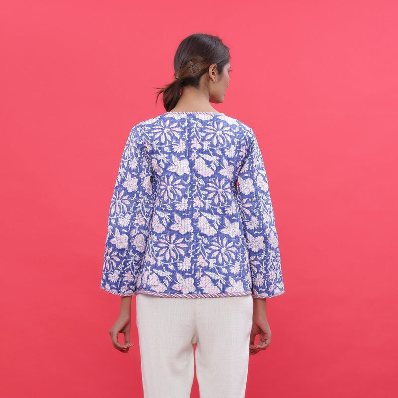 Back View of a Model wearing Reversible Printed Quilted Cotton Jacket