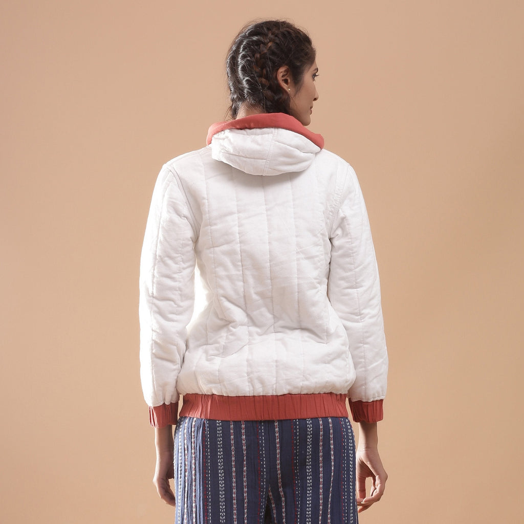 Back View of a Model wearing Reversible Quilted Cotton Bomber Jacket