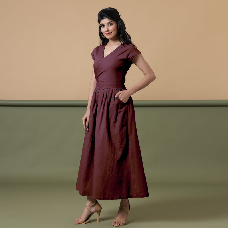 Left View of a Model wearing Reversible Maroon Tie-Dye Cotton V-Neck Maxi Wrap Dress