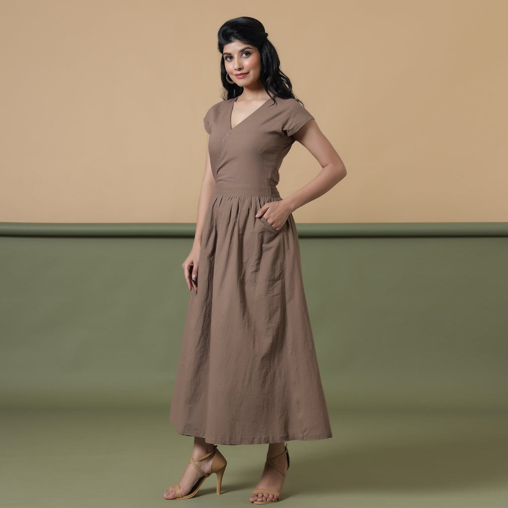 Front View of a Model wearing Reversible Shibori Maxi Wrap Dress