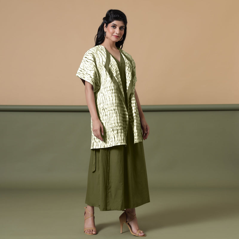 Right View of a Model wearing Olive Green Shibori Front Open Overlay