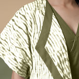 Front Detail of a Model wearing Olive Green Shibori Front Open Overlay