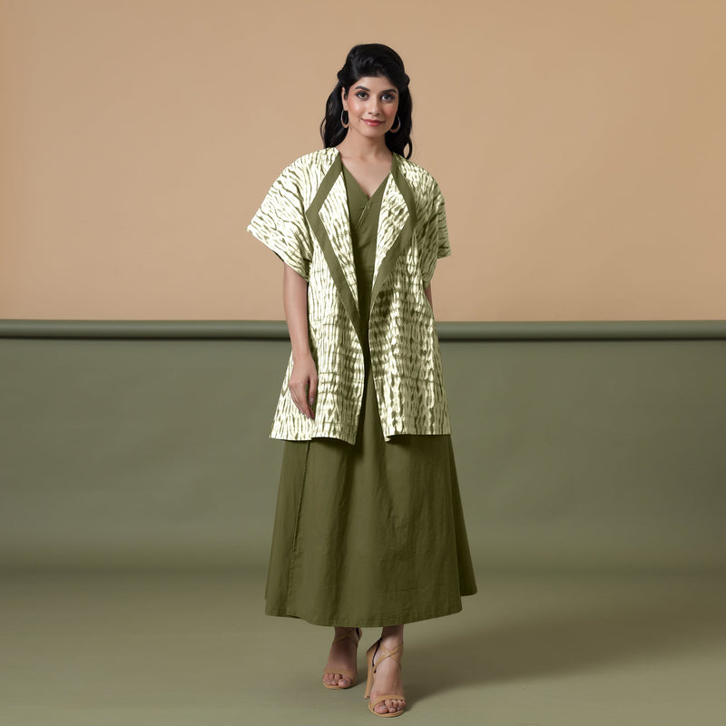 Front View of a Model wearing Olive Green Shibori Front Open Overlay