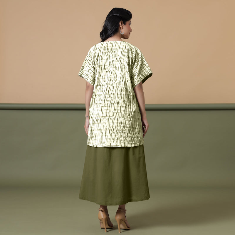 Back View of a Model wearing Olive Green Shibori Front Open Overlay