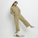 Front View of a Model wearing Vegetable Dyed Khaki Green Top and Pant Set