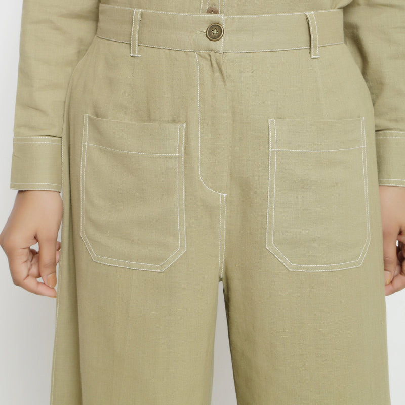 Front Detail of a Model wearing Khaki Green Patch Pocket Straight Fit Pant