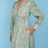 Front Detail of a Model wearing Sage Green 100% Cotton Blouson Midi Dress