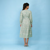 Back View of a Model wearing Sage Green 100% Cotton Blouson Midi Dress