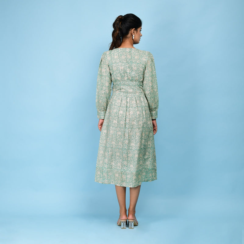 Back View of a Model wearing Sage Green 100% Cotton Blouson Midi Dress
