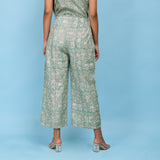 Back View of a Model wearing Sage Green Block Printed 100% Cotton Culottes