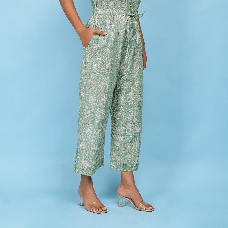 Right View of a Model wearing Sage Green Block Printed 100% Cotton Culottes