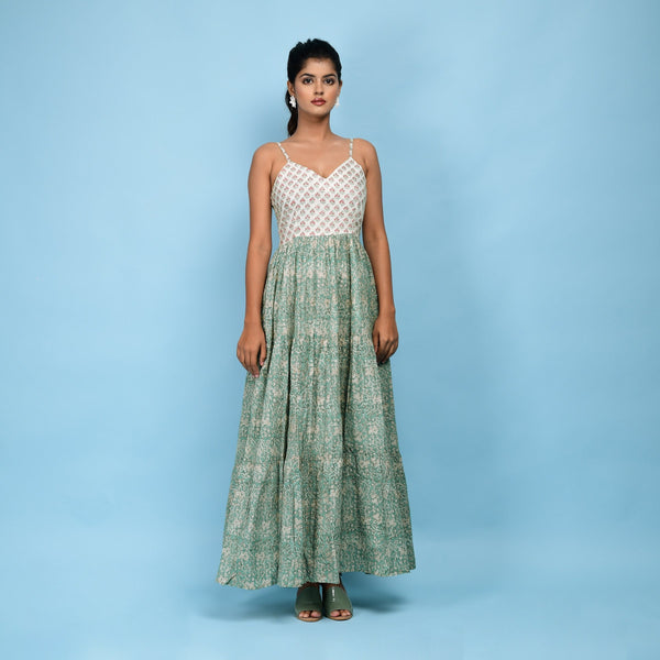 Front View of a Model wearing Sage Green Block Printed Cotton Cami Tier Dress