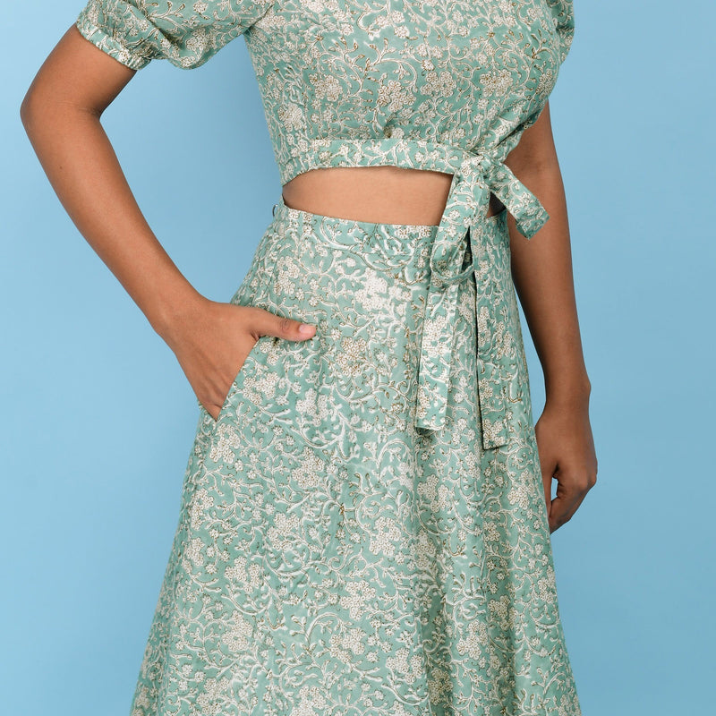 Front Detail of a Model wearing Sage Green Blouse Top and Circular Skirt Set