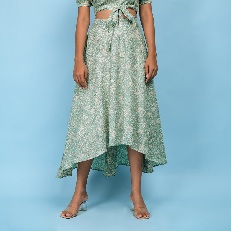 Front View of a Model wearing Sage Green Block Printed 100% Cotton High-Low Circular Skirt