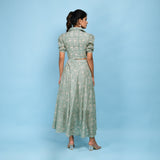 Back View of a Model wearing Sage Green Blouse Top and Circular Skirt Set