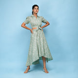 Front View of a Model wearing Sage Green Blouse Top and Circular Skirt Set