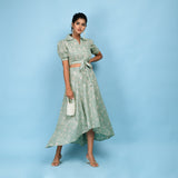 Back View of a Model wearing Sage Green Blouse Top and Circular Skirt Set