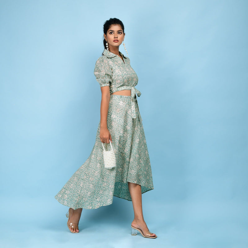 Right View of a Model wearing Sage Green Blouse Top and Circular Skirt Set