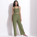 Front View of a Model wearing Sage Green Corduroy Top and Trouser Pant Set
