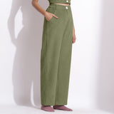 Right View of a Model wearing Sage Green Corduroy Wide-Legged Trouser Pants