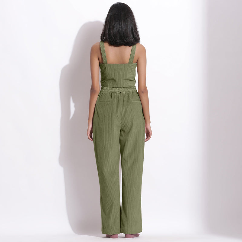 Back View of a Model wearing Sage Green Cotton Corduroy Crop Top