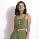 Front View of a Model wearing Sage Green Cotton Corduroy Crop Top