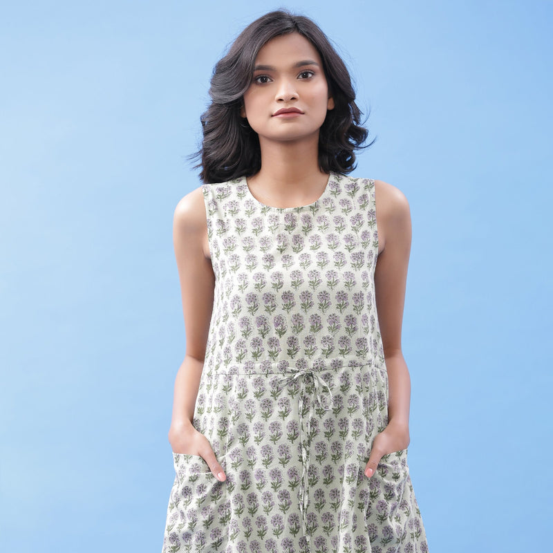 Front View of a Model wearing Sage Green Floral Block Printed Paneled Dress