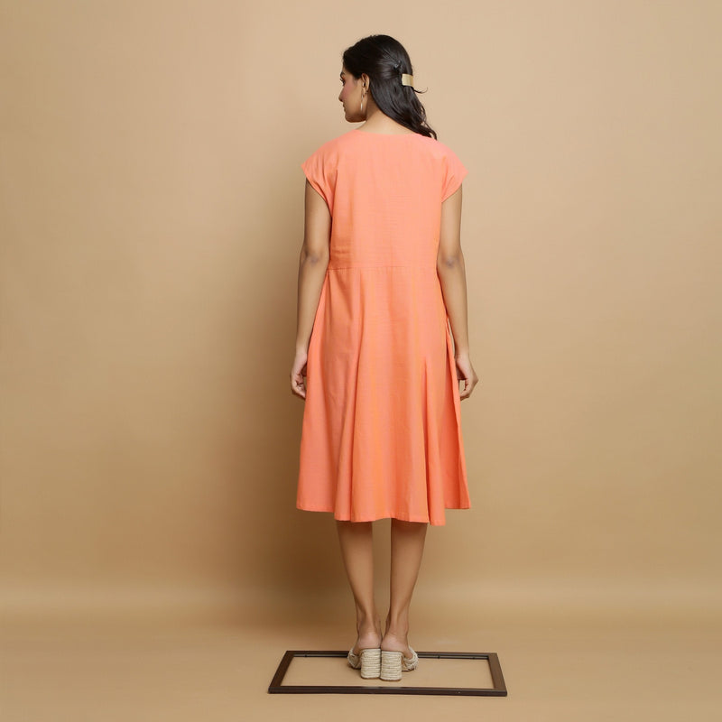 Back View of a Model wearing Salmon Pink Cotton Button-Down Dress