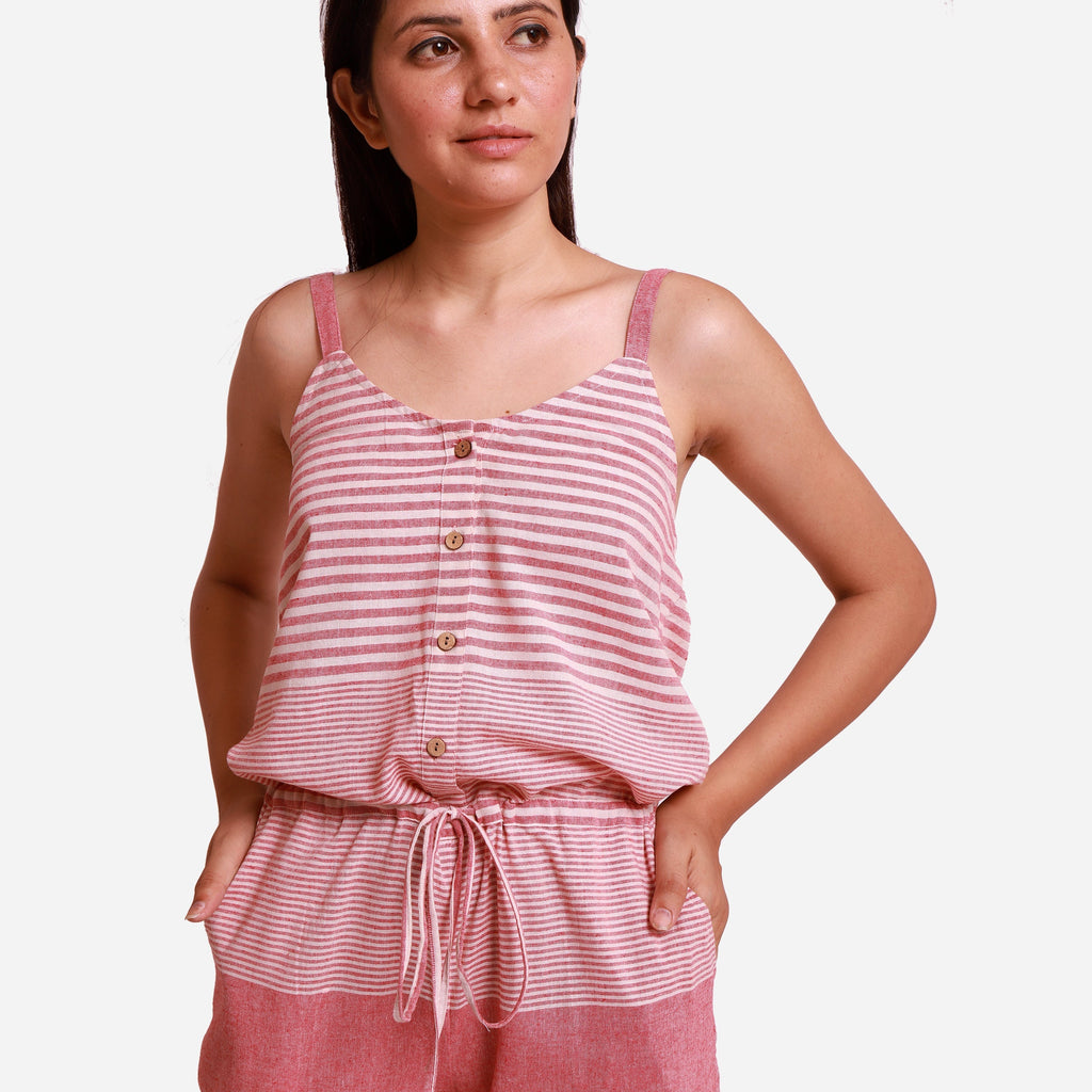 Salmon Pink Striped Cotton Elasticated Camisole Jumpsuit
