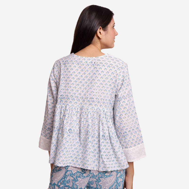 Back View of a Model wearing Sanganeri Block Print Floral V-Neck Top