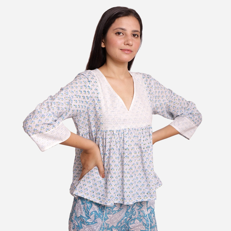 Right View of a Model wearing Sanganeri Block Print Floral V-Neck Top