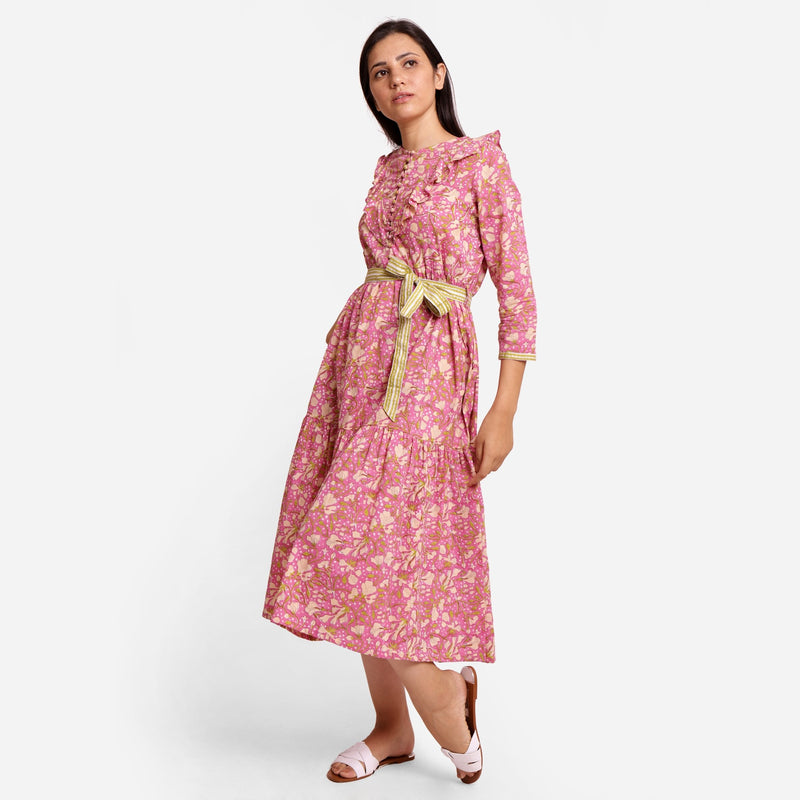 Left View of a Model wearing Sanganeri Block Print Mauve Yoked Dress