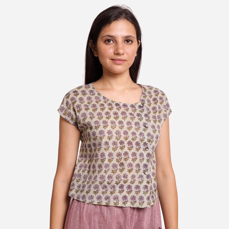 Front Detail of a Model wearing Sanganeri Print Short Asymmetric Blouse