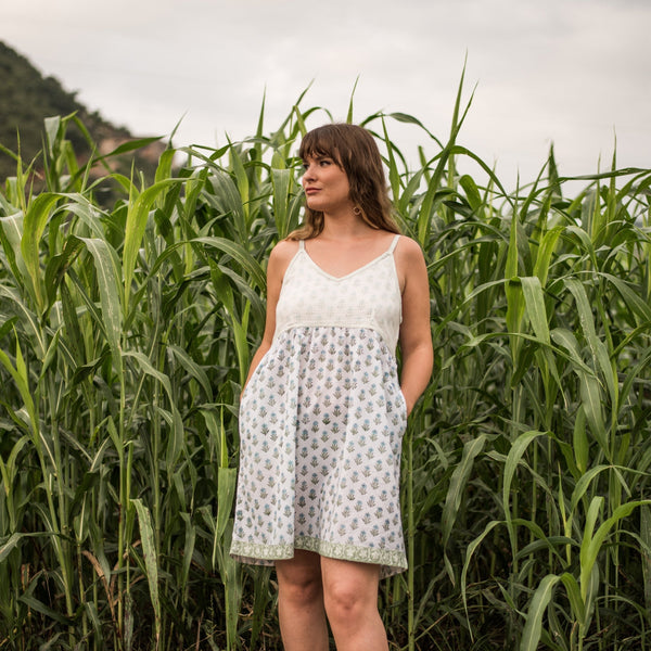 Front View of a Model wearing Sanganeri Hand Block Print Camisole Dress