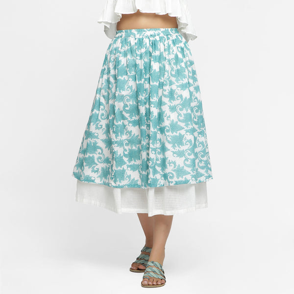 Front View of a Model wearing Sanganeri Hand Block Print Layered Skirt